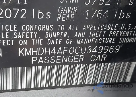 2012 Hyundai Elantra Gls (Ulsan Plant) from USA, damaged, VIN KMHDH4AE0CU349969